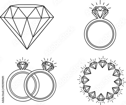 Minimalist Black and White Diamond Ring Line Art Icon Set for Wedding Stationery Logo Design Engagement Concepts and Luxury Branding Graphics Vector Illustration