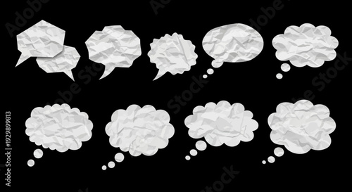 Collection of white crumpled paper speech bubbles on black background.