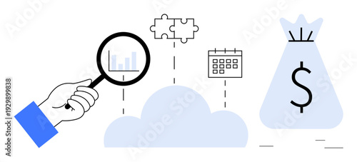Hand examines data with magnifying glass connected to cloud, puzzle pieces, calendar, and money bag. Ideal for finance, analytics, cloud computing, planning, business strategy problem-solving