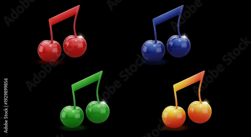 Colorful musical notes paired with cherries on a black background.