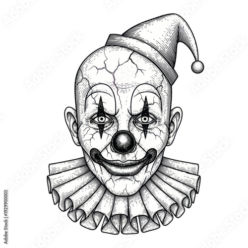 Creepy Cracked Clown Face Portrait, Vintage Horror Style, Black and White Drawing
