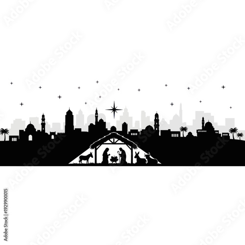 Nativity Scene Silhouette with Bethlehem Skyline and Star