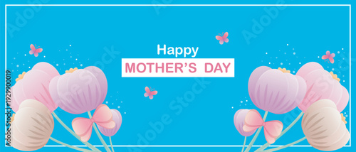 Festive Mother’s Day greeting card with a bright blue background, white border, and central text “Happy Mother’s Day” in pink and white.