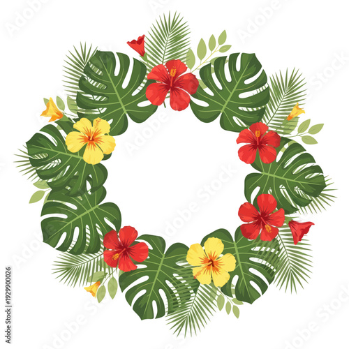 Tropical Wreath with Hibiscus Flowers and Palm Leaves, Summer Floral Frame