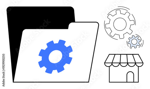 Business organization, data management, system process, retail operations, setup, automation. Image shows a folder with gear, rotating gears and a shop icon. Business organization and data