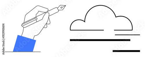 Creativity, writing, communication, cloud storage, digital ideas, innovation. Hand holding a pen next to an abstract cloud with linear elements. Creativity and writing concept