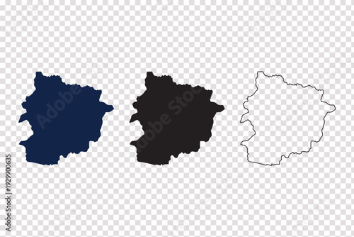 Andorra map silhouette set with navy blue color solid black shape and detailed outline contour vector graphics isolated on transparent grid background for geography and mountain tourism projects