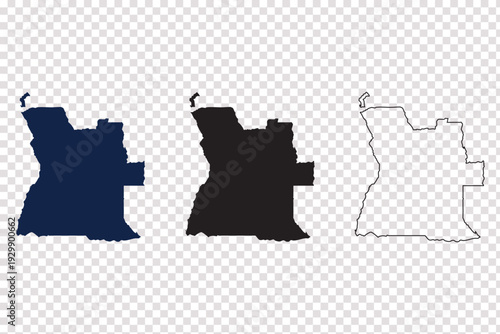 Angola map vector graphics set including solid navy blue silhouette black filled shape and thin stroke line outline on transparent background for southern africa geography and travel design works