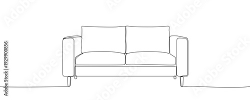 Sofa in one line art style. Drawing of a two-seater modern couch with cushions, made by a continuous line with editable black stroke on a white background. Vector illustration.