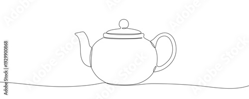 Teapot in one line art style. Drawing of a classic rounded tea pot with a spout, handle, and lid, made by a continuous line with editable black stroke on a white background. Vector illustration.