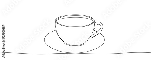 Cup and saucer in one line art style. Minimalist drawing of a tea or coffee cup, made by a continuous line with editable black stroke on a white background. Vector illustration.