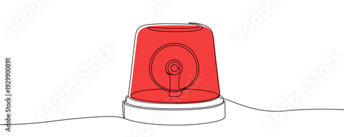 Red flashing beacon in one line art style. Drawing of an emergency siren, made by a continuous line with red color. Vector illustration.
