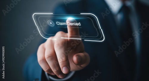 Finger pressing claim denied button on futuristic screen