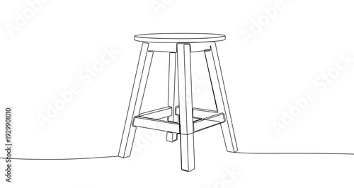 Stool in one line art style. Minimalist drawing of a tall wooden chair, made by a continuous line with editable black stroke. Vector illustration.
