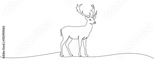 Deer in one line art style. Minimalist drawing of a noble stag with large antlers, made by a continuous black line on a white background. Vector illustration.