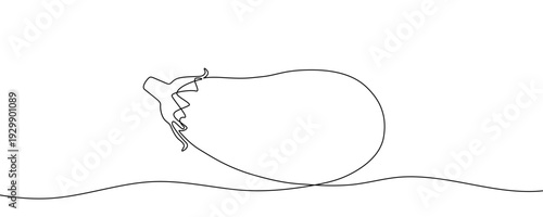 Eggplant in one line art style. Minimalist drawing of the vegetable, made by a continuous line with editable black stroke on a white background. Vector illustration.