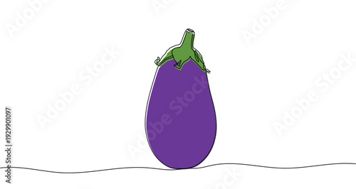 Eggplant in one line art style. Minimalist drawing of the vegetable, made by a continuous line. The main part is colored purple, and the stem is green. Vector illustration.