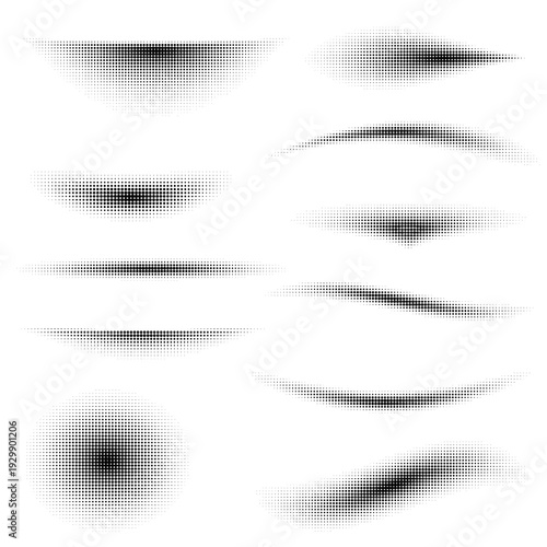 A set of halftone graphic elements in the form of gradient lines, arcs, and circles. Vector illustration for creating shadows, textures, and modern visual effects in design.