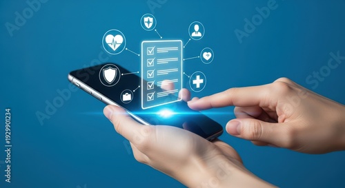 Person using smartphone with medical health icons and checklist