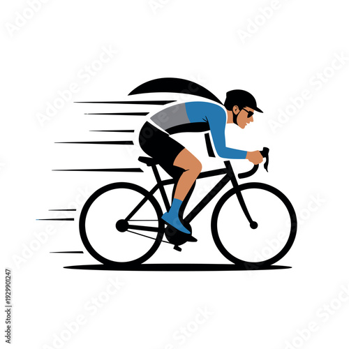 A cartoon man riding a bicycle quickly with motion lines behind him on a white background