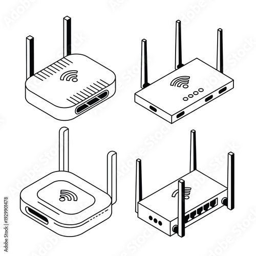 router modem wireless wifi internet network technology device, electronic data broadband connection equipment, isometric line art outline vector eps modern signal illustration.
