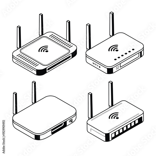 Four isometric line art illustrations of contemporary wireless routers and modems, featuring diverse models with antennas and ports, suitable for depicting online services and network setup.