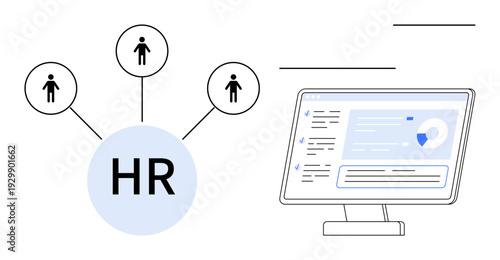 Employee management, HR analytics, resource organization, recruitment, task allocation, workforce structure visualization. HR diagram connecting people icons to HR circle with a digital interface