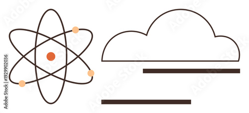Science, technology, cloud computing, data storage, modern innovation, connectivity. Minimalist icon with an atomic structure and a cloud. Science and technology theme for digital communication