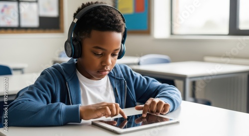 Young boy with headphones using tablet in classroom