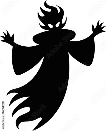 Extended bell sleeves and jagged flame hair stance, menacing dusk apparition figure, spooky promotional asset for horror posters, party invites, sticker packs, solid black silhouette design
