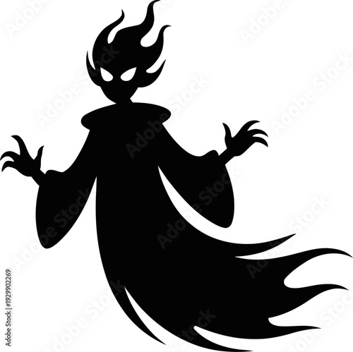 Piercing angled eye sockets with flowing tapered tail form, ominous dark being character, supernatural marketing element for Halloween graphics, logo marks, printable vector silhouette artwork