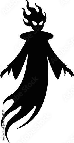 Blazing head crest with tapered ghost body floating upright, sinister supernatural being icon, macabre branding element for Halloween campaigns, gaming logos, printable black vector graphic