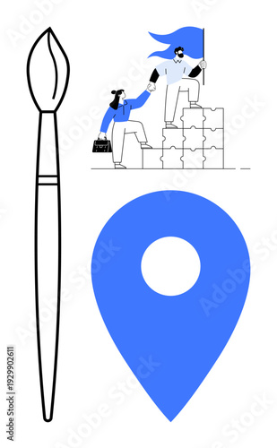 Art, leadership, collaboration, location marking, teamwork, goal setting. Paintbrush next to a map pin and a team building blocks with a flag. Creativity and leadership concepts