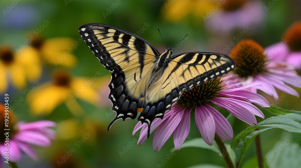 Obraz premium Vibrant butterfly resting on a pink coneflower in a sun-drenched wildflower meadow with yellow and white blooms, defocused background, nature and pollination concept, garden
