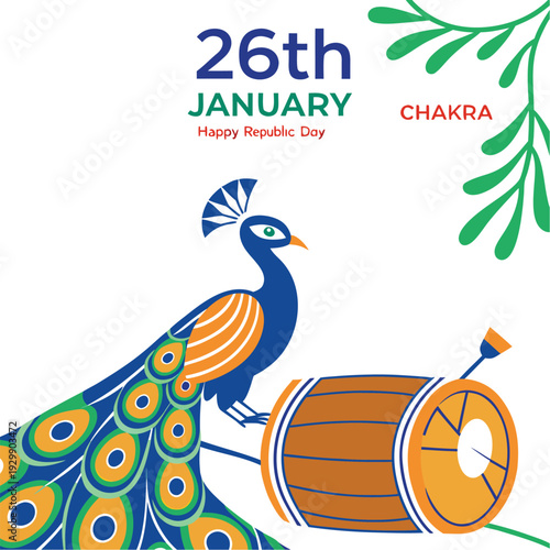 Bright Illustrative Design for Republic Day with Peacock, Saffron, White, and Green Colors.