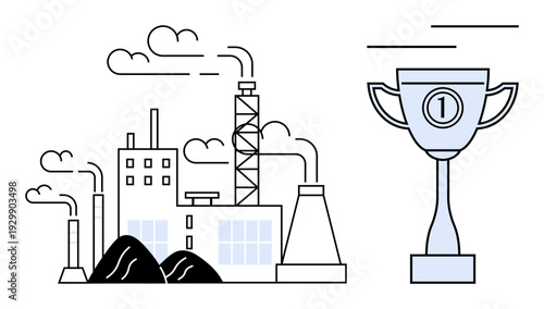 Sustainability concept. Industrial factory emitting smoke and a trophy achievement in sustainable practices. Sustainability for eco-awareness, environment, industry success, green goals