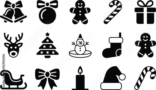 Black and white of Christmas-themed and symbols including bells, candy canes, gingerbread men, and Santa hats