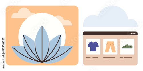 Wellness, e-commerce, yoga, digital retail, mindfulness, online shopping. Abstract lotus flower next to an e-commerce page with clothing items. Wellness and e-commerce concept