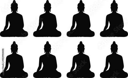 Eight black silhouette figures of meditating buddha statues in a row on white background