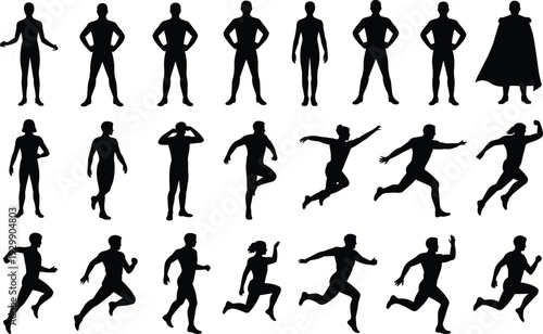 Silhouettes of people in various poses and activities including standing with hands on hips and running