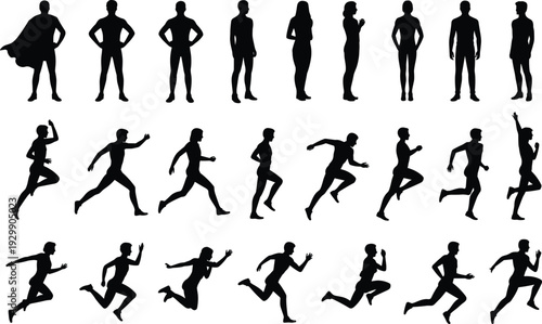 Silhouettes of people standing and running in various poses on a white background jumping