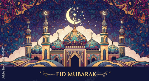 Eid Mubarak Mosque Illustration with Crescent Moon and Stars.