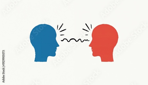 Wallpaper Mural Two heads face each other blue and red. Wavy line connects them symbolizing thought, communication, and connection. Idea or dialogue exchange. Torontodigital.ca