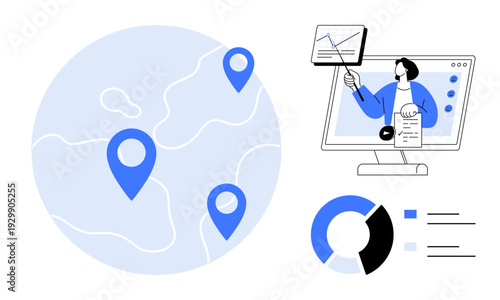 Global analytics concept. Global analytics with location markers, interactive charts, and an online presentation. Global analytics for remote work, business strategies, data visualization, education