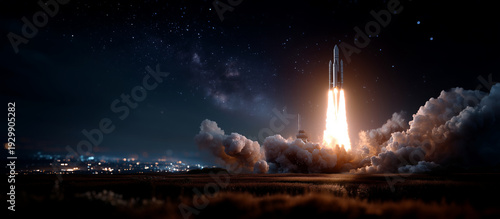 dramatic night scene of a powerful rocket launching from Earth's surface, vertical cinematic composition, spacecraft ascending into deep space, intense bright engine flame illumina