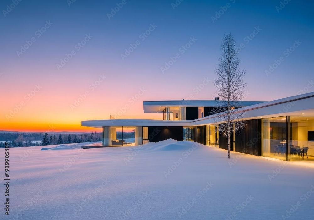 Obraz premium A sleek, contemporary villa nestled in a serene, snow-covered winter landscape. Its minimalist design complements the tranquil, frosty rural environment, sophisticated, beautiful, secluded