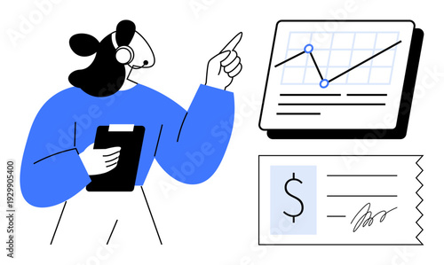 Woman wearing headset pointing at data chart with growth curve, holding clipboard. Right side shows signed invoice. Ideal for finance, business strategy, analysis, sales, reporting, accounting