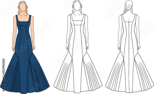 Woman in a Blue Long Sleeve Dress with a Flared Skirt and a Square Neckline Shown in Front and Back Views