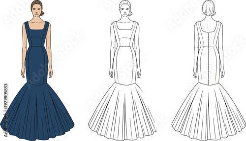 Woman in a Navy Blue Mermaid Dress with a Full Skirt and a White Dress with a Full Skirt