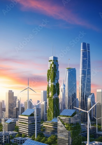 A vibrant, eco-conscious city skyline of tomorrow, integrating green architecture, renewable energy, and innovative urban design, efficiency, clean air, urban development